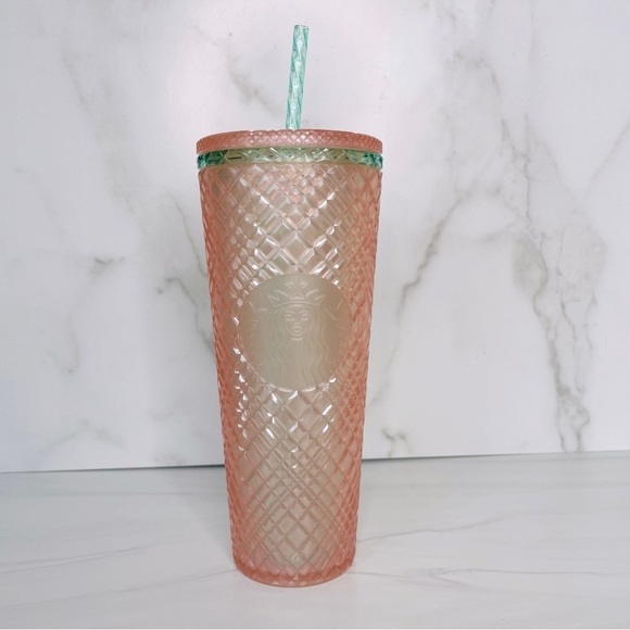 Starbucks 2023 Summer Jeweled Pearl Pink Green Venti 24oz Cold Cup Tumbler NWT - Picture 1 of 6